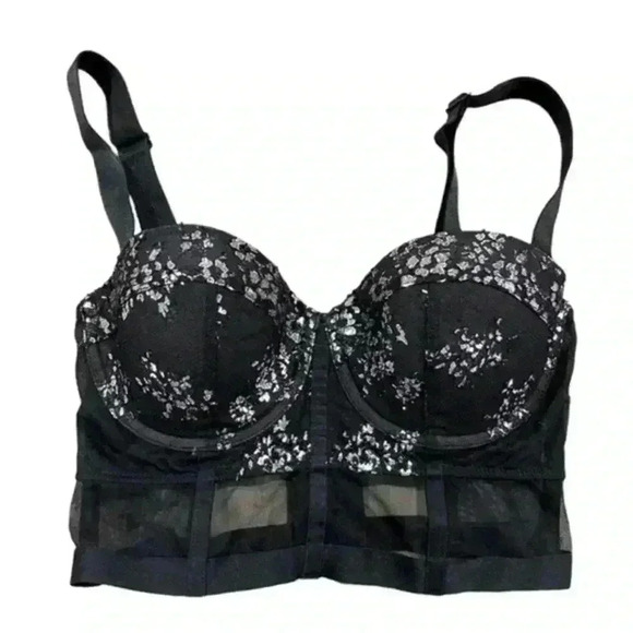 Victoria Secret Very Sexy Corset Like Black and Silver Bra Size 32D - Picture 1 of 6